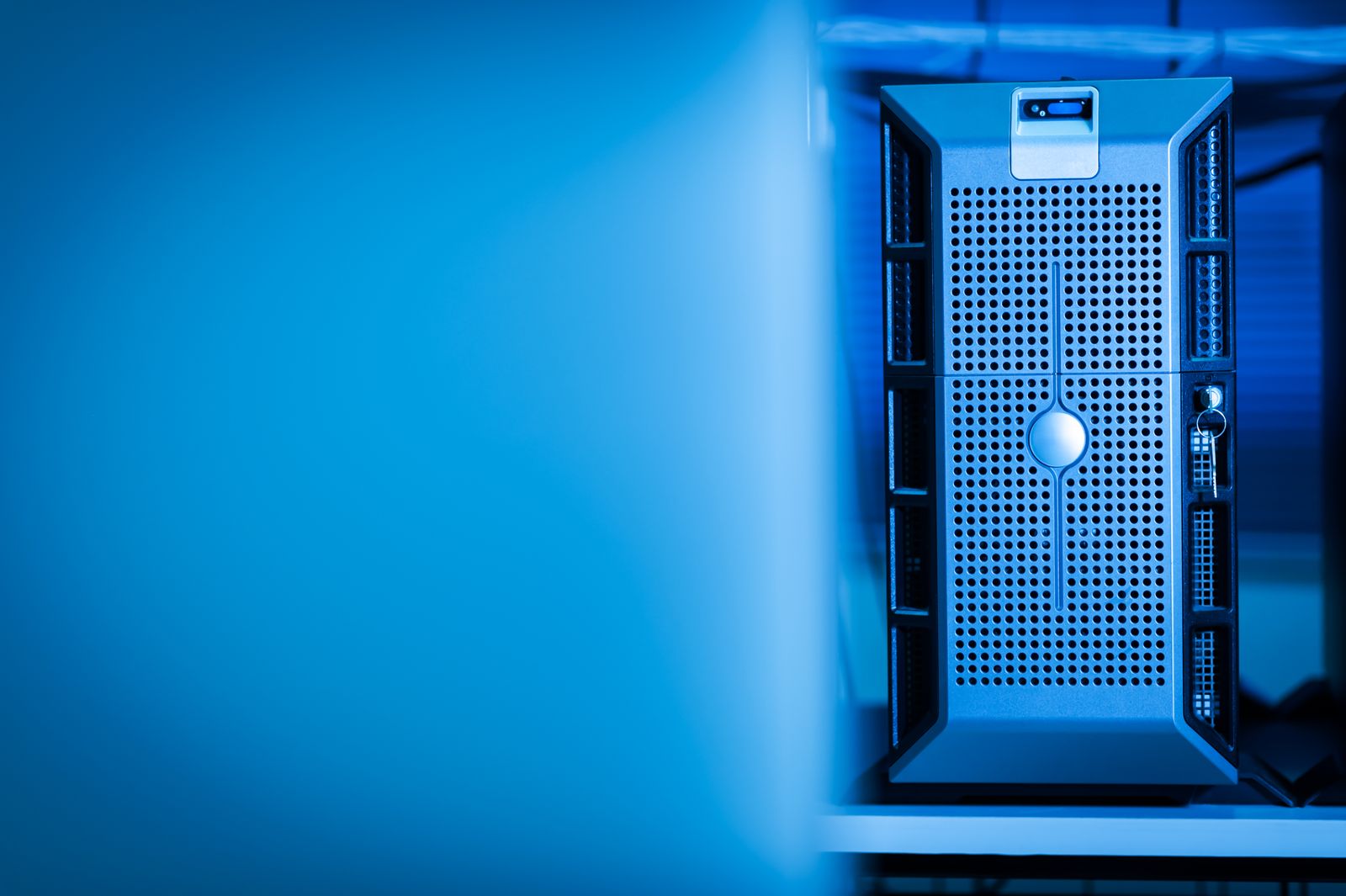 Modern server unit in a blue-lit data center representing deterministic backend logic