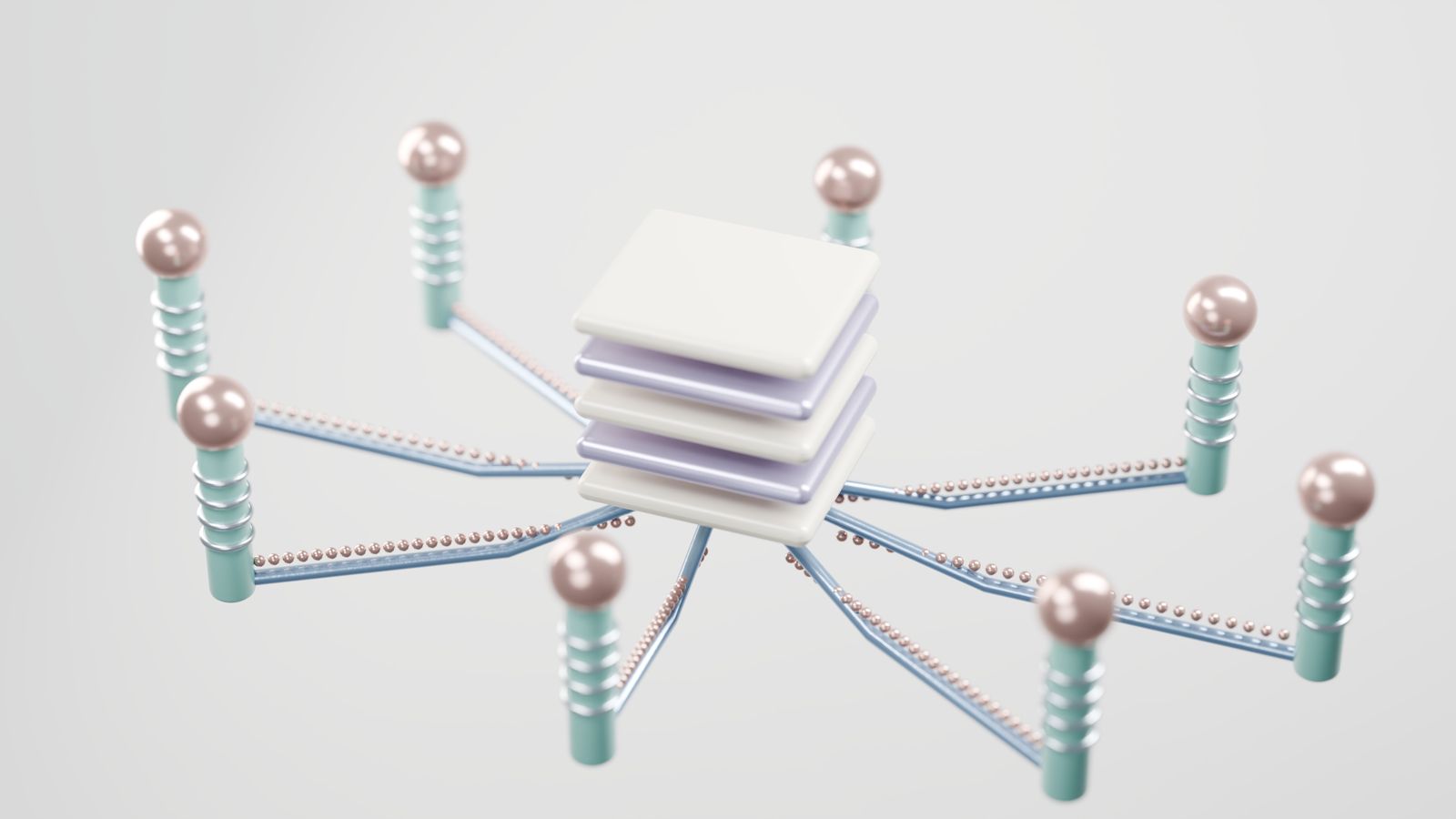 Abstract 3D network of nodes connected to a central embedding hub