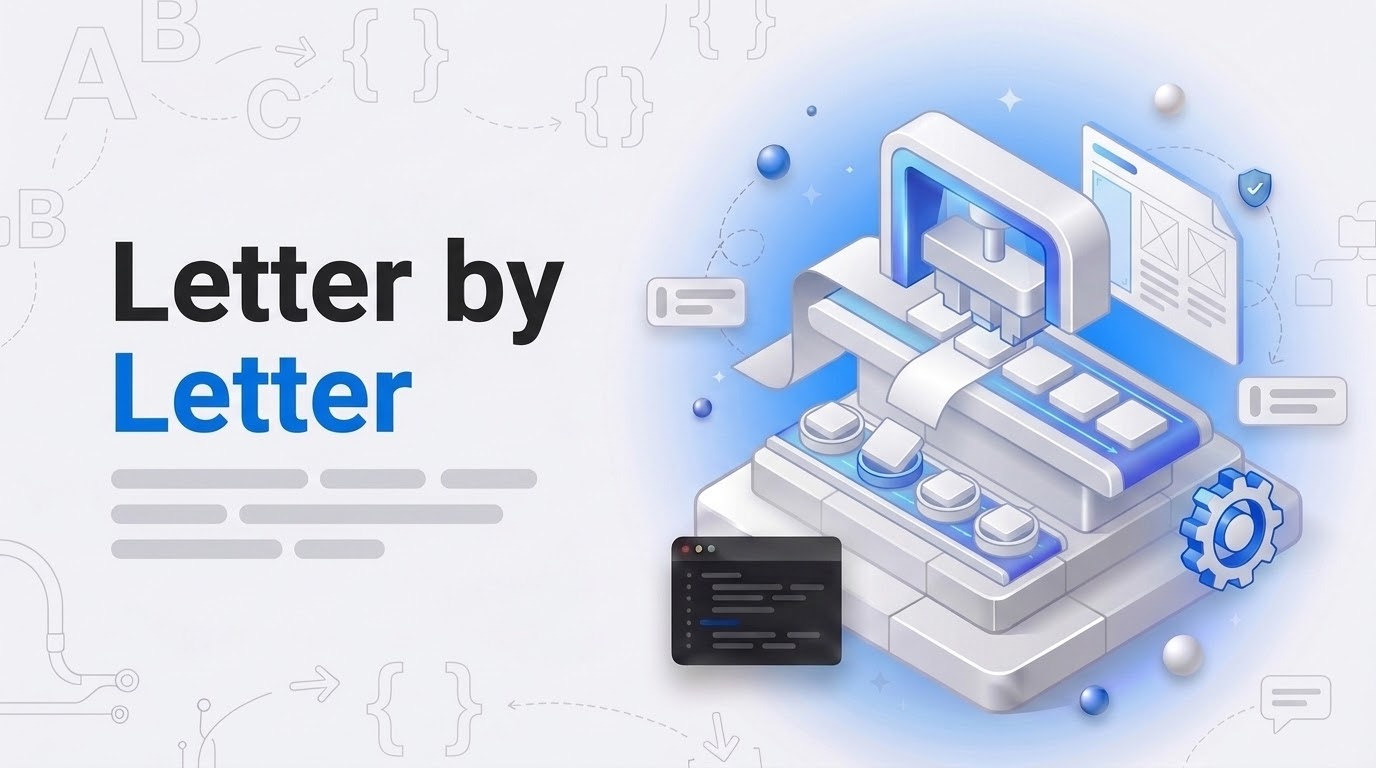 Bold text Letter by Letter beside an isometric machine slicing a ribbon into square tiles in white, gray and blue.