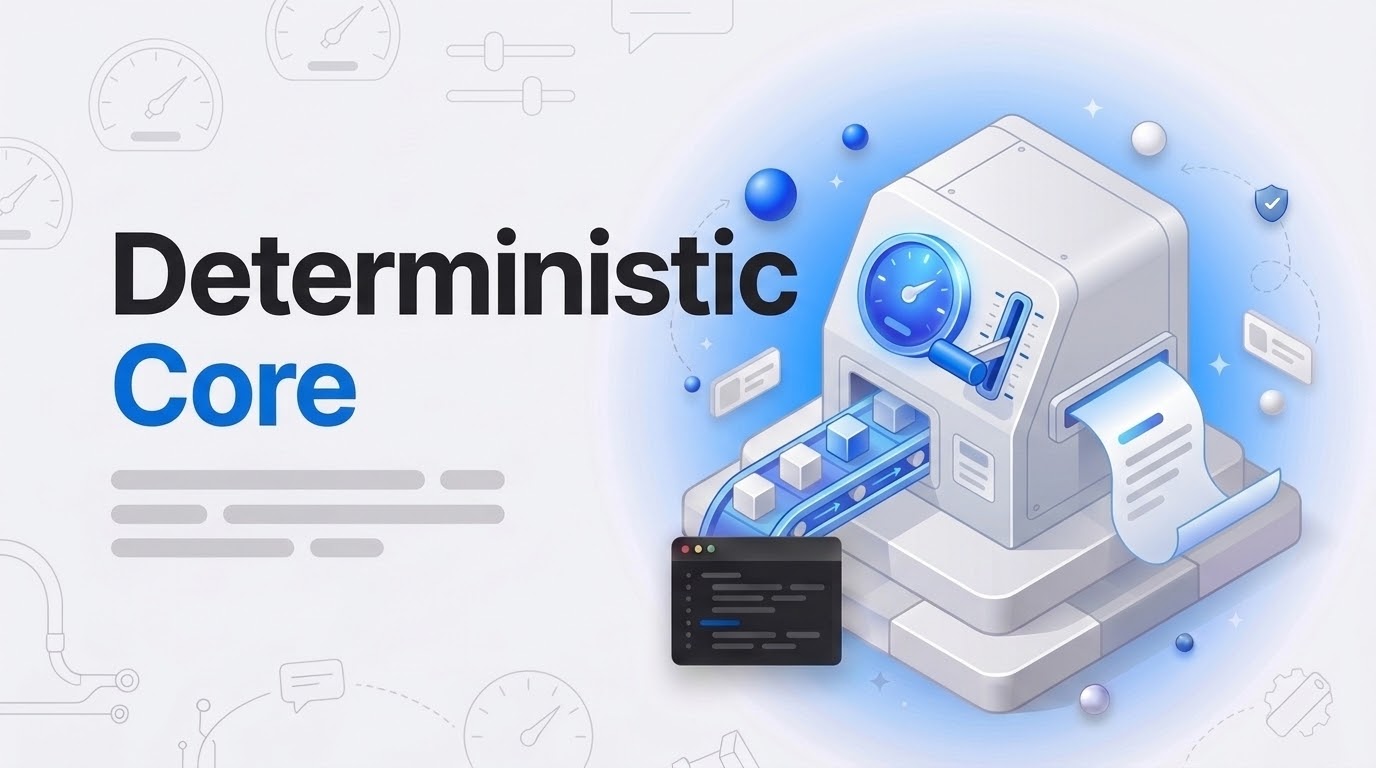 Isometric machine with a threshold gauge and lever printing a paper message beside bold text reading Deterministic Core.