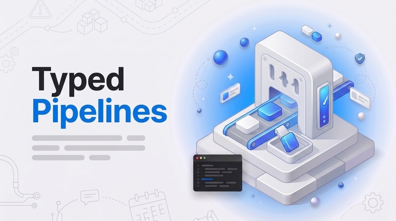 Thumbnail with the words Typed Pipelines beside an isometric sorting gate letting matching blocks pass on a conveyor.