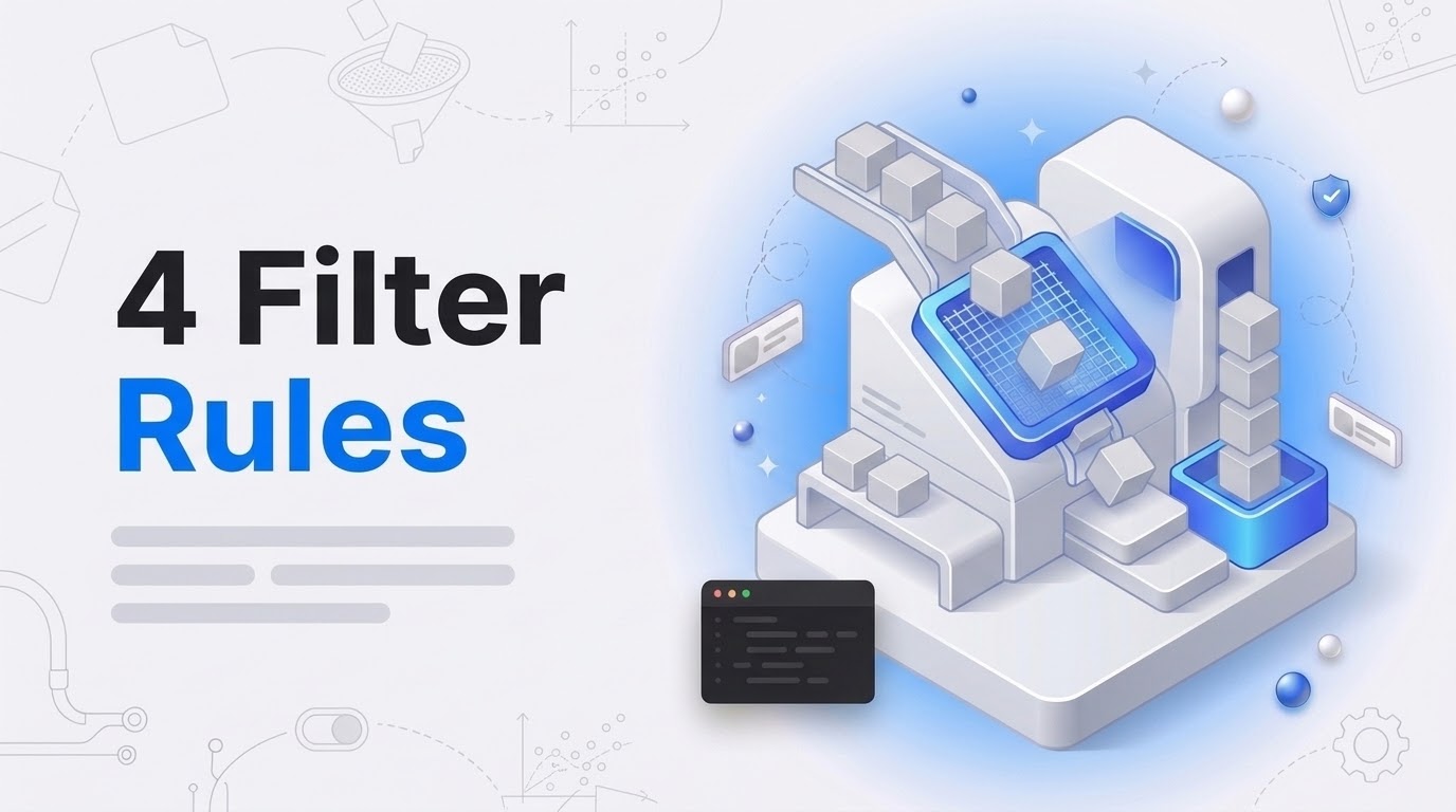 Bold text reading 4 Filter Rules beside an isometric sieve machine sorting blocks into a stacked tower.