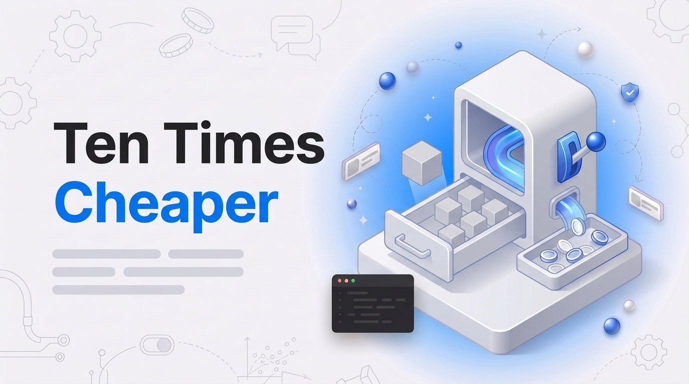 Big text reading Ten Times Cheaper next to an isometric machine swapping weight cubes, with coins in a tray.