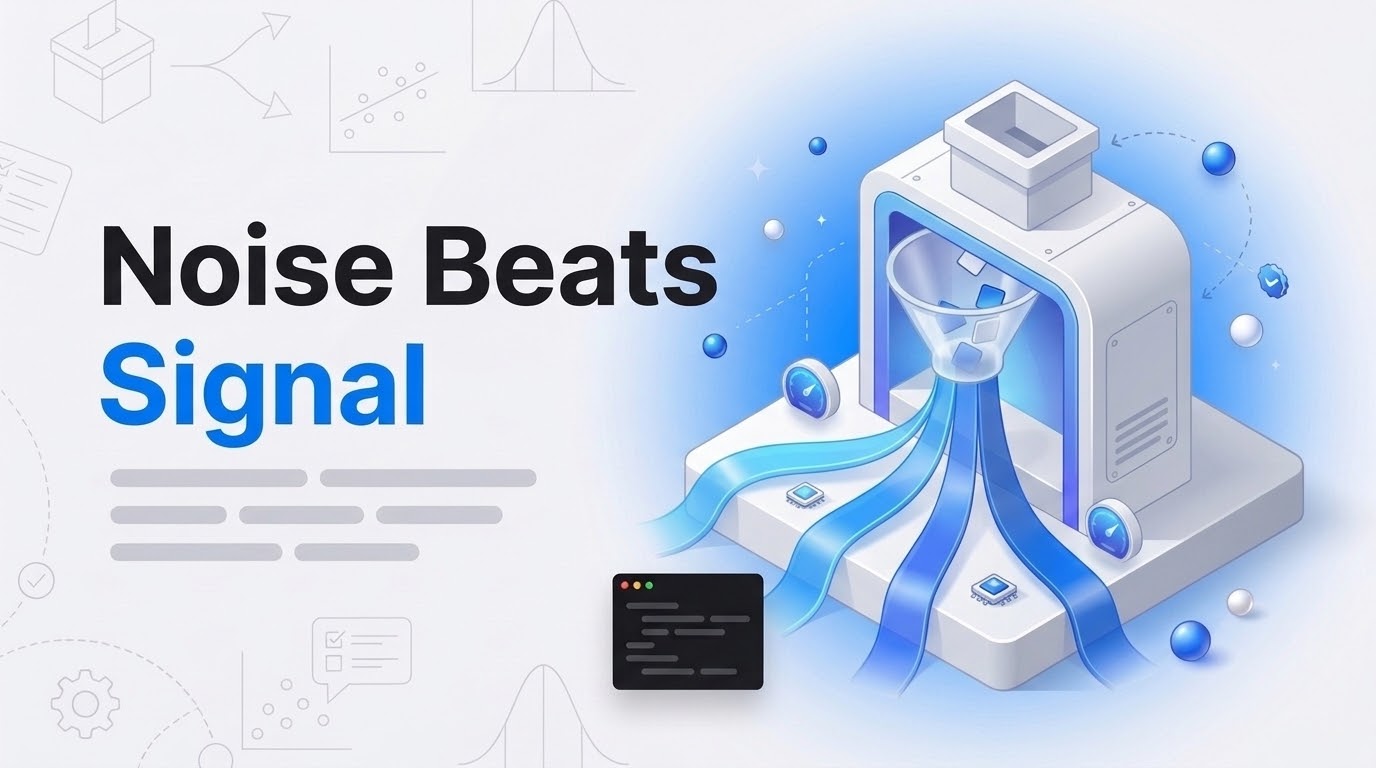 Bold text reading Noise Beats Signal beside an isometric ballot box machine splitting into fanned outcome ribbons.