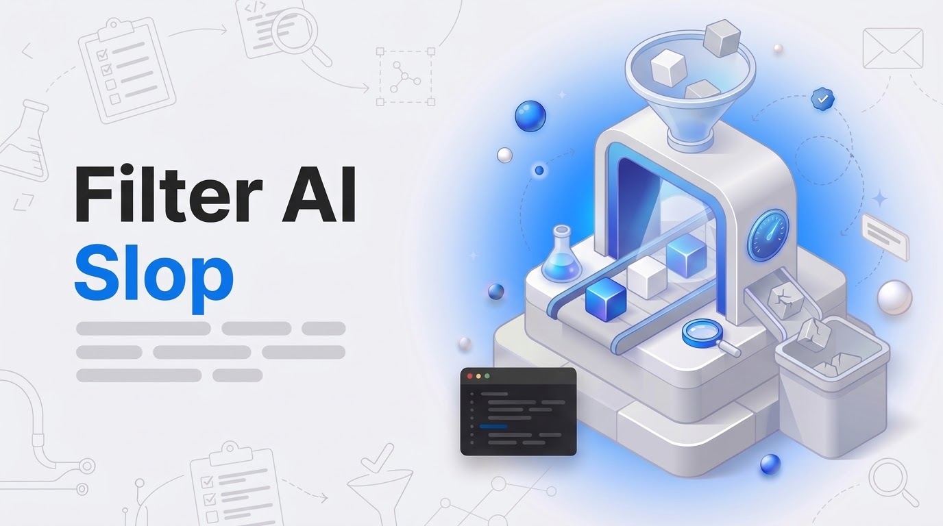 Bold text reading Filter AI Slop beside an isometric laboratory bench scanning blocks on a conveyor belt.