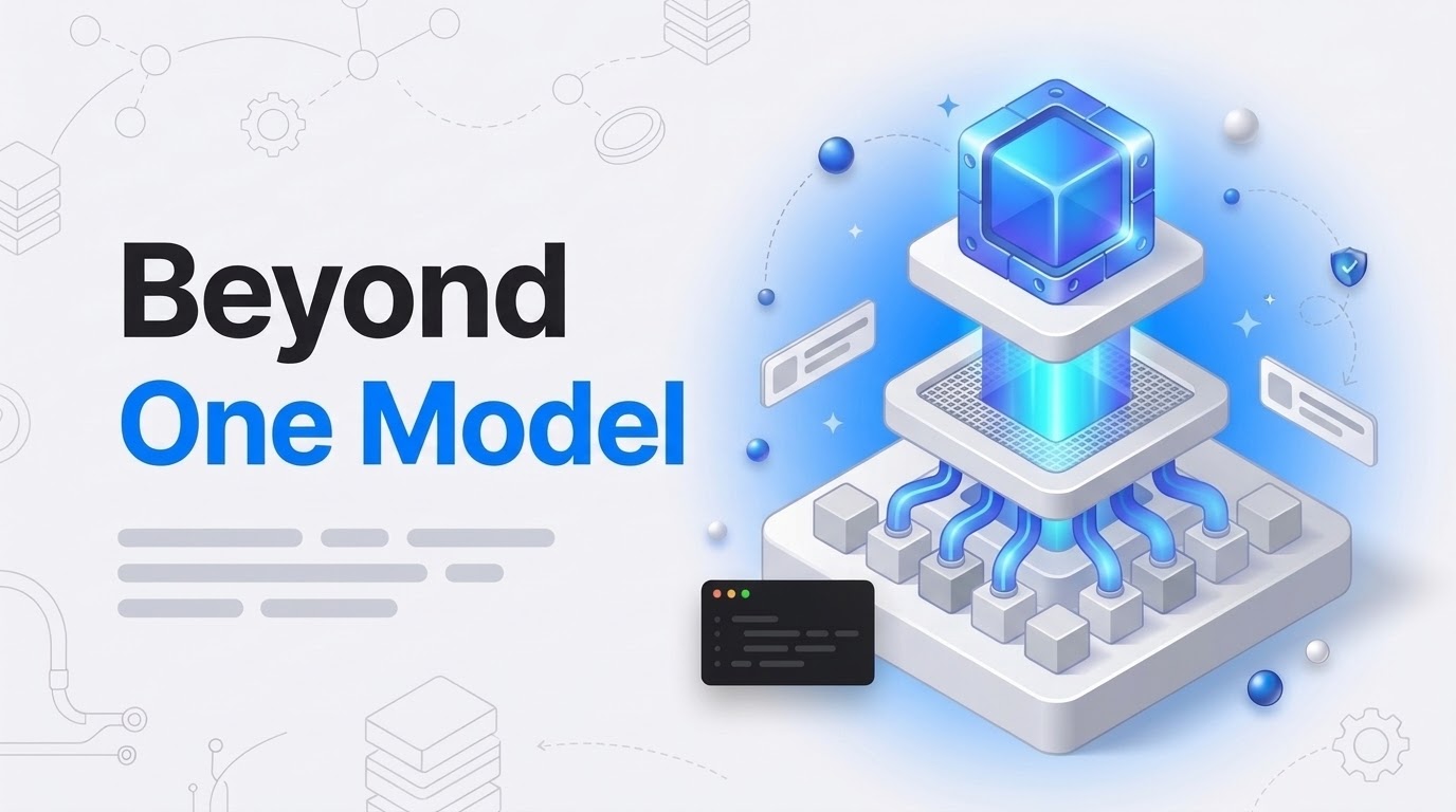 Bold text Beyond One Model beside an isometric three-tier tower where small cubes feed streams up to one cube on top.