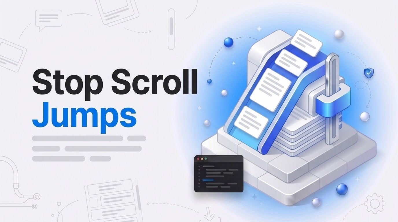 Stop Scroll Jumps: an isometric press machine holds a scrollbar steady while message cards settle onto a stack.