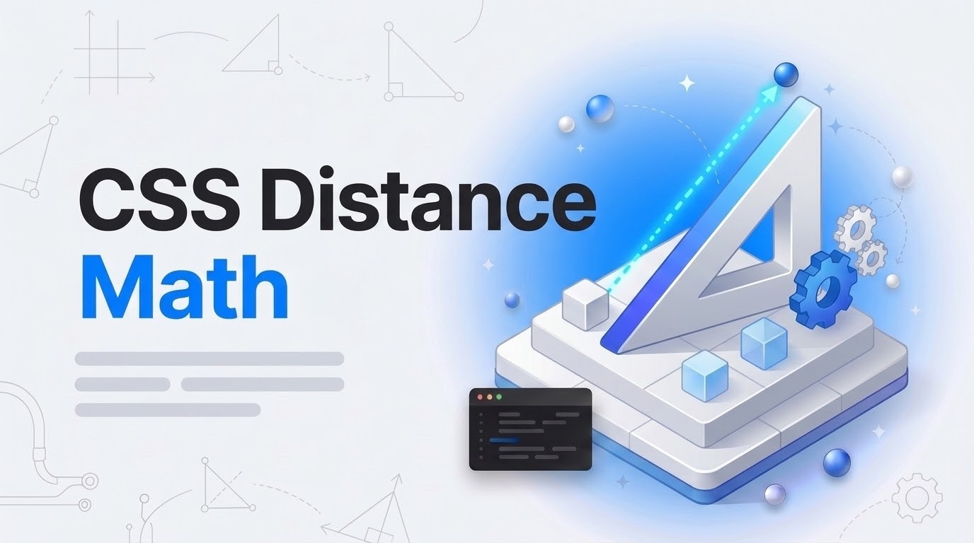 Bold text reads CSS Distance Math beside an isometric triangle ruler linked by a dashed beam to a floating cursor orb.