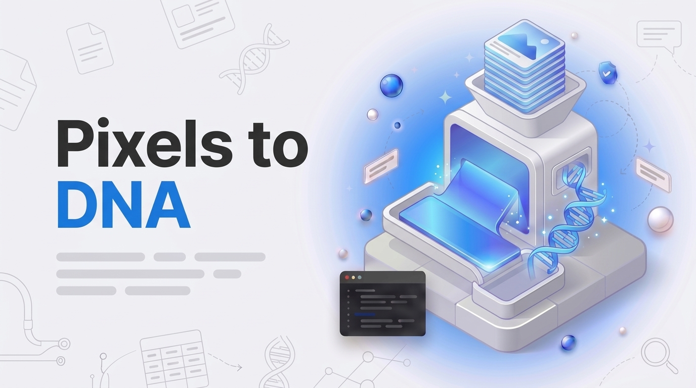 Pixels to DNA headline beside an isometric press that squeezes stacked image tiles into a thin slab with a helix ribbon.