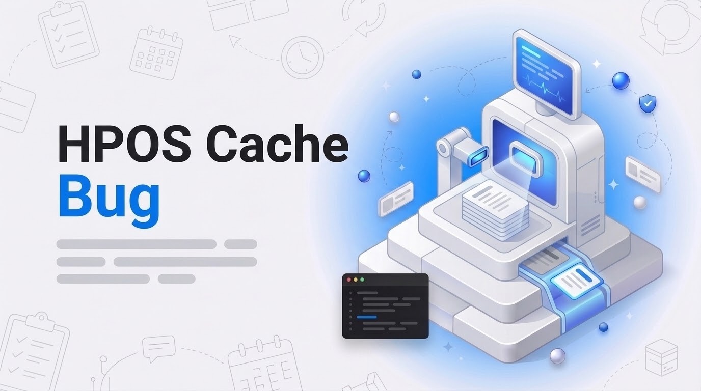 Bold hook reading 'HPOS Cache Bug' beside an isometric scanner inspecting a stack of white renewal cards.