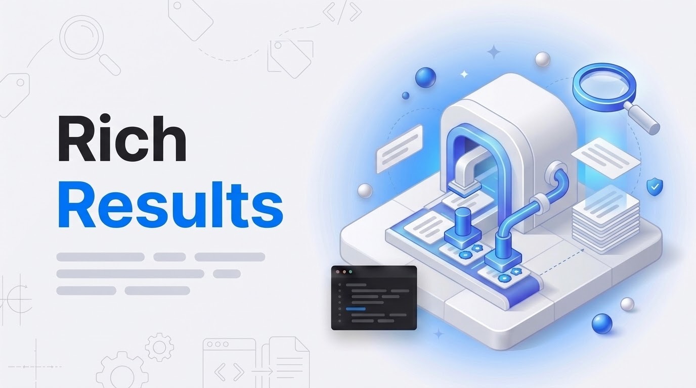 Bold text reading Rich Results beside an isometric machine stamping blue tags onto page cards near a search lens.