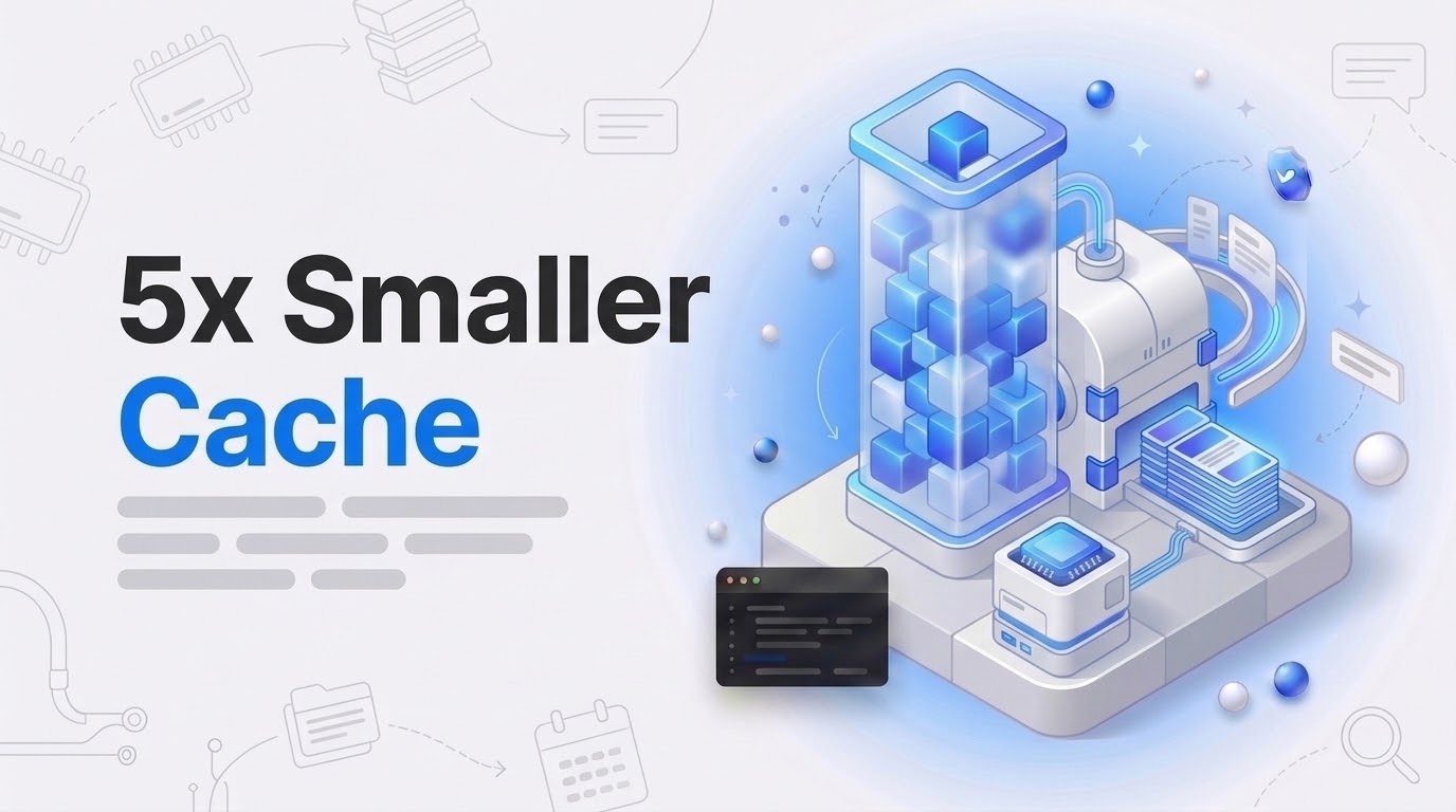 A 3D illustration reads 5x Smaller Cache beside a glass memory tower squeezed into compact blue slabs by a press.
