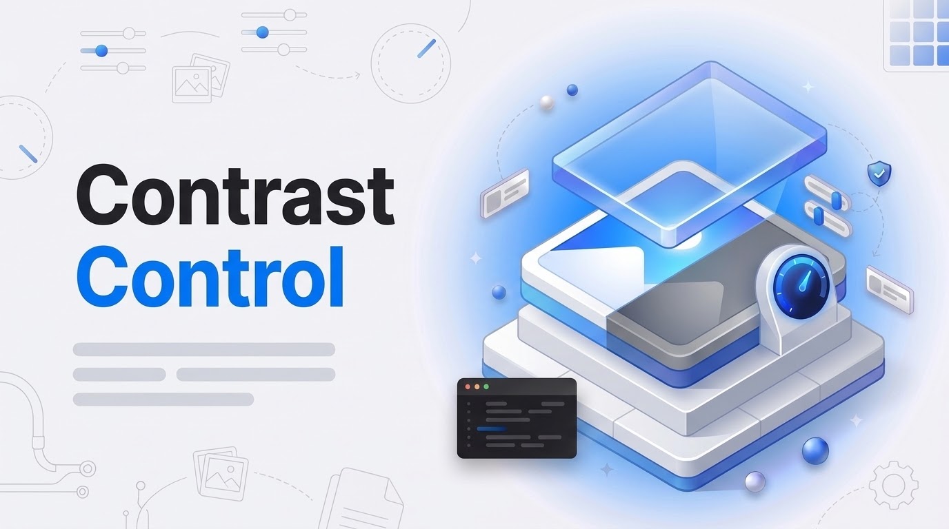 Post thumbnail, hook 'Contrast Control', beside an isometric glass lens splitting a photo card into bright and dim halves.
