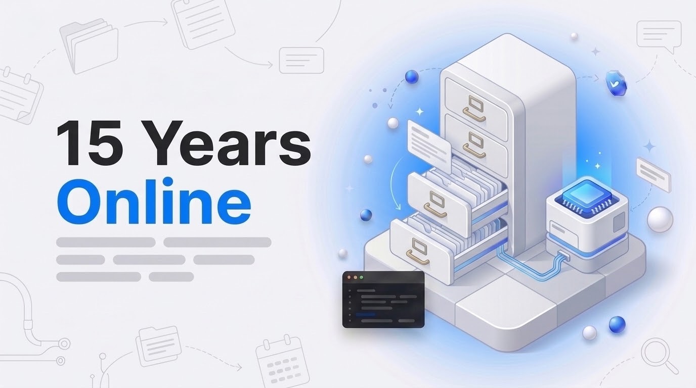 Isometric archive cabinet of old post cards linked to a server with a glowing cache, with the words 15 Years Online.