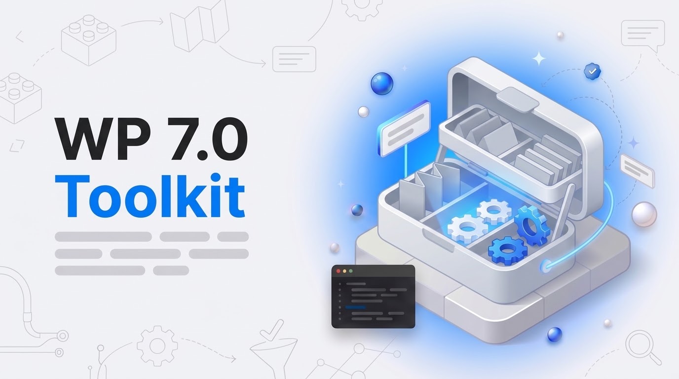 WP 7.0 Toolkit: an isometric toolbox holding gray block shapes with a blue glow and floating panels nearby.