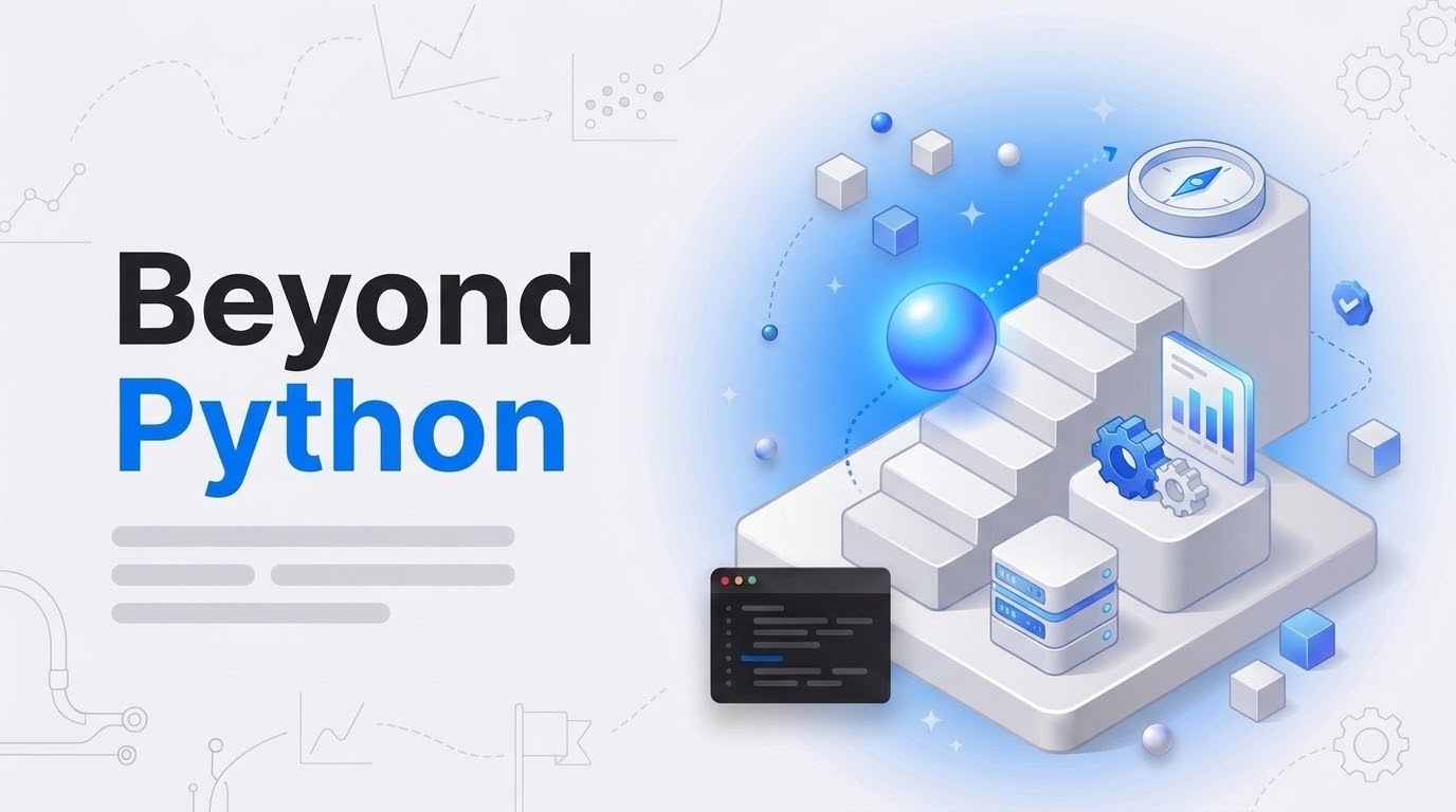 Bold text Beyond Python beside an isometric staircase holding a server, gears and a chart with a glowing orb climbing it.