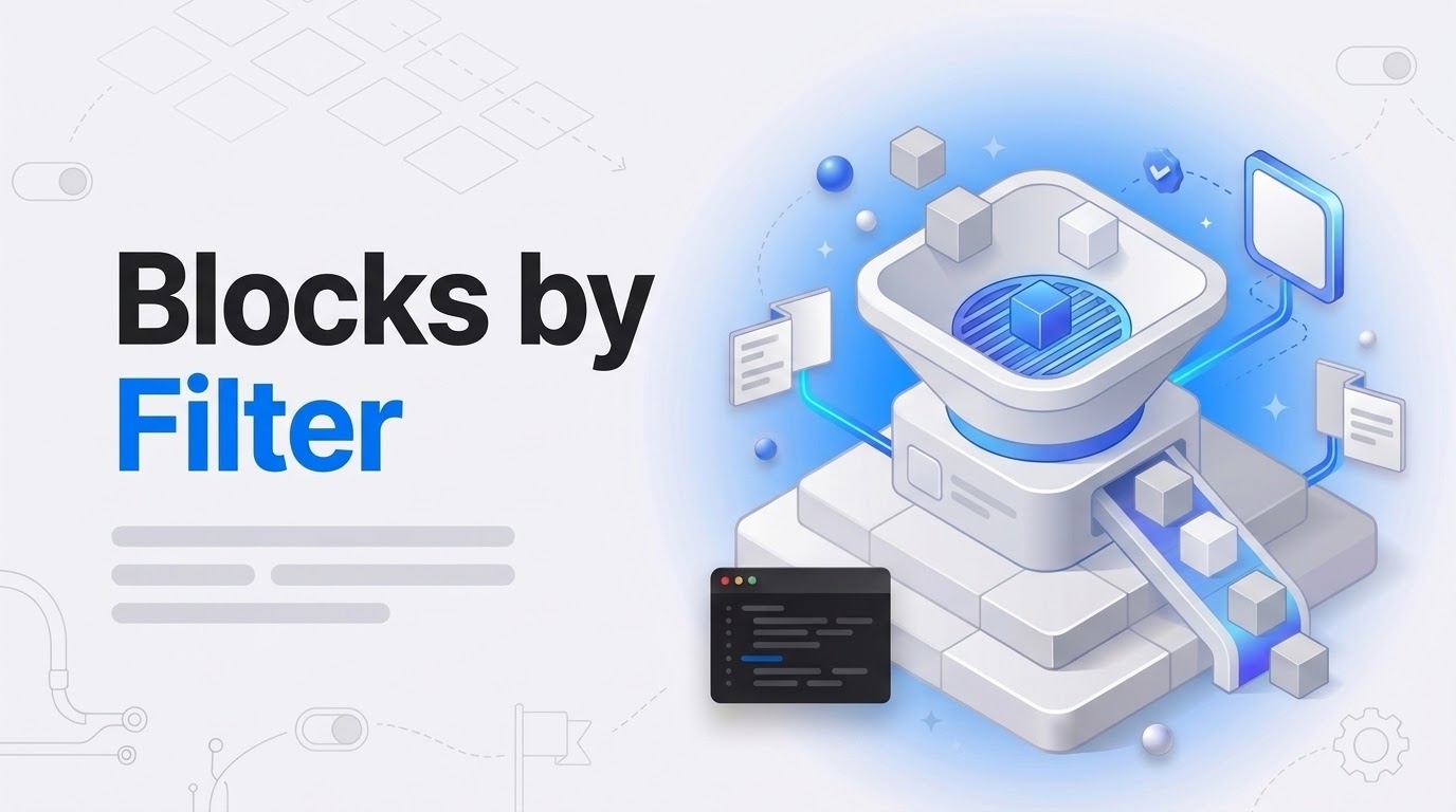 Blocks by Filter: isometric funnel machine sorting white blocks, with accordion panels and an icon tile floating nearby.