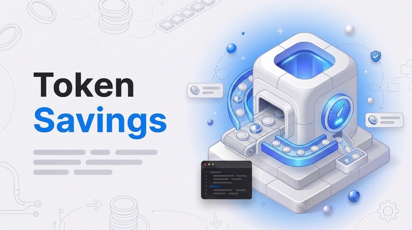 Isometric coin-sorting machine routing coins through a cache vault, beside the bold words Token Savings.