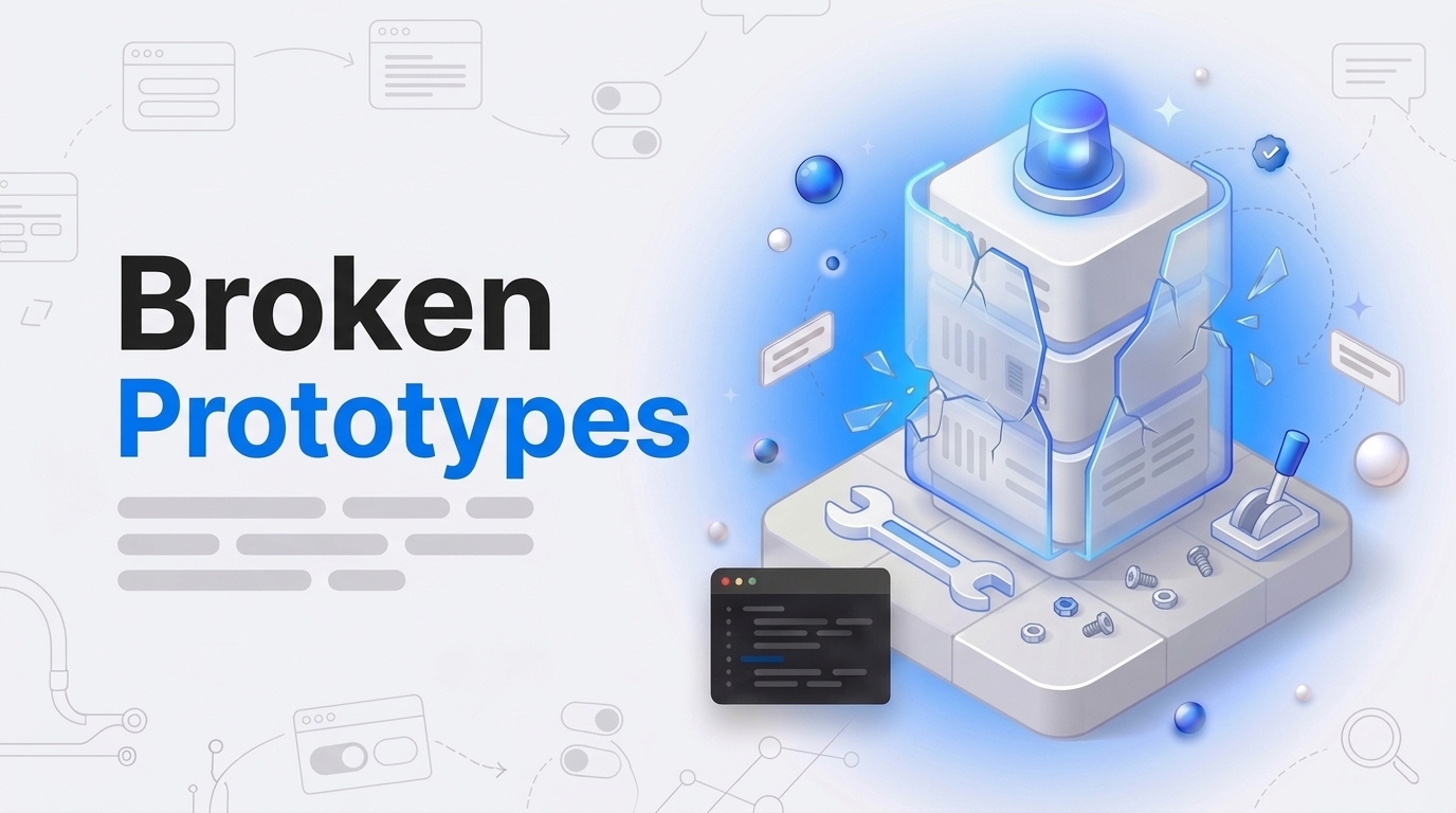 Big text Broken Prototypes next to an isometric server tower with a cracked glass shell and scattered tools.