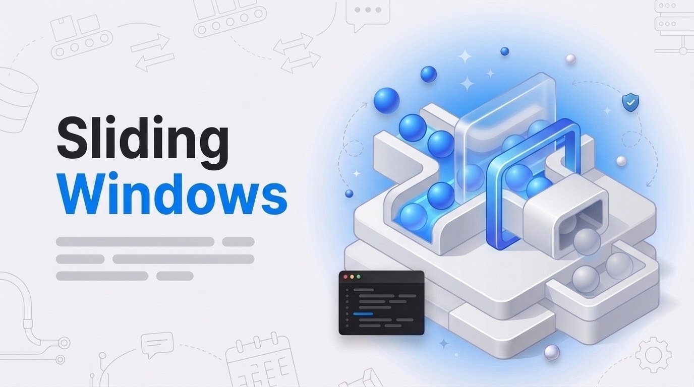 Thumbnail with the words Sliding Windows beside an isometric chute where blue spheres enter one end and exit the other.