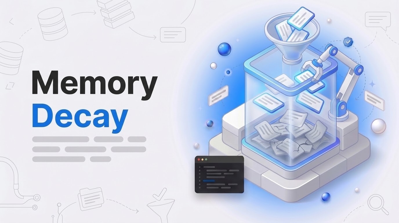 Isometric glass tank of memory cards, some faded and sinking, a magnet arm lifting one, beside the words Memory Decay.