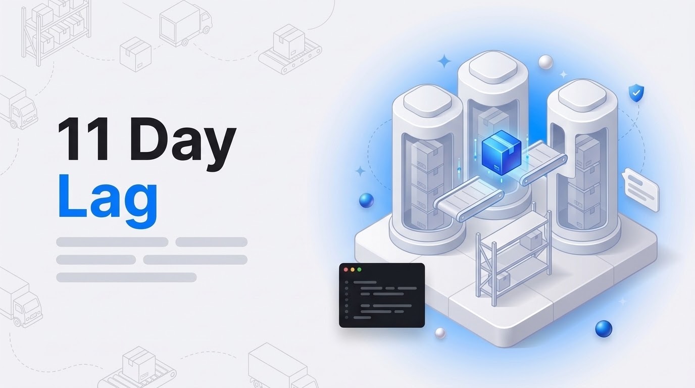 Bold text reading 11 Day Lag beside an isometric silo in three sealed towers, its conveyor bridge broken, a blue parcel hovering.