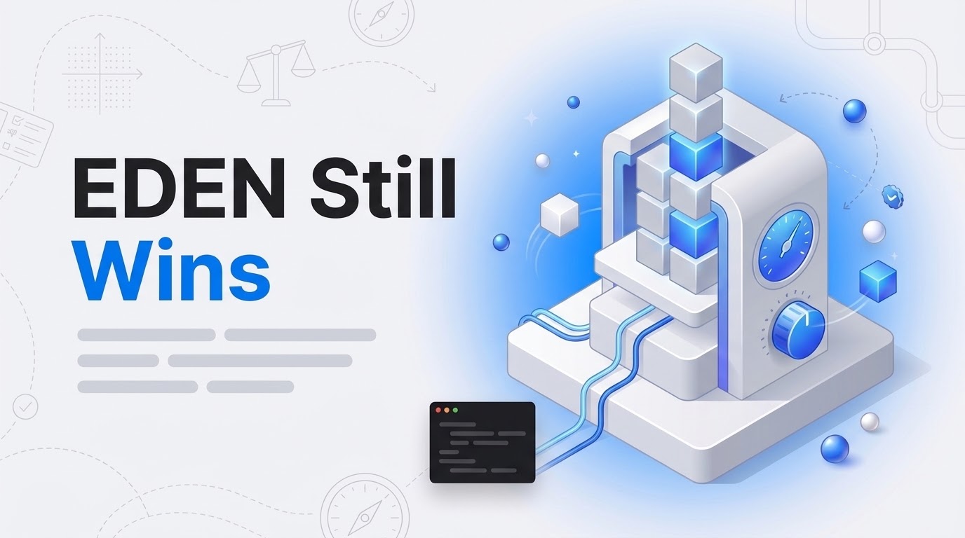 Blog thumbnail with the words EDEN Still Wins beside an isometric balance machine holding gray cubes with a blue dial.