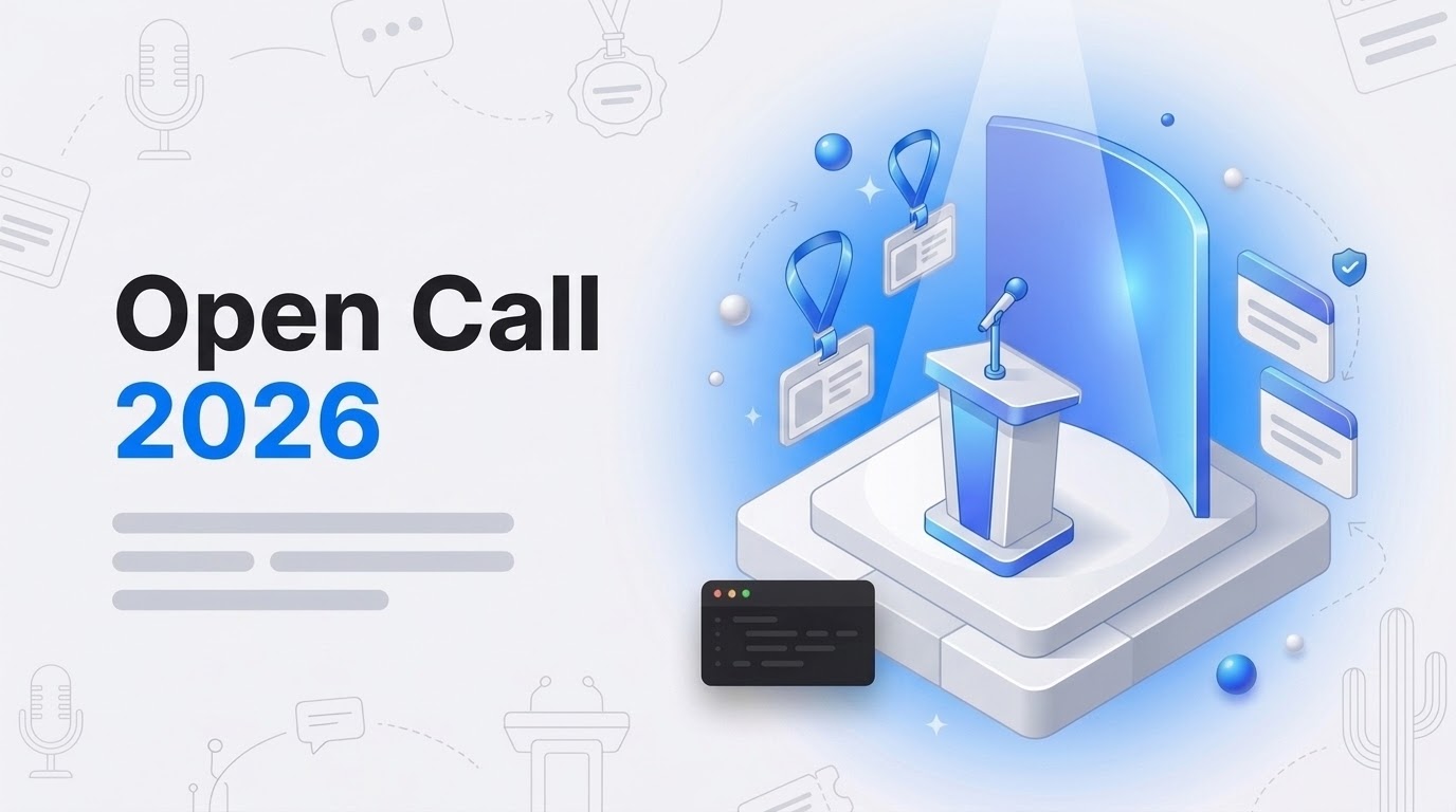Isometric conference stage with a microphone and floating badges beside big bold text reading Open Call 2026.