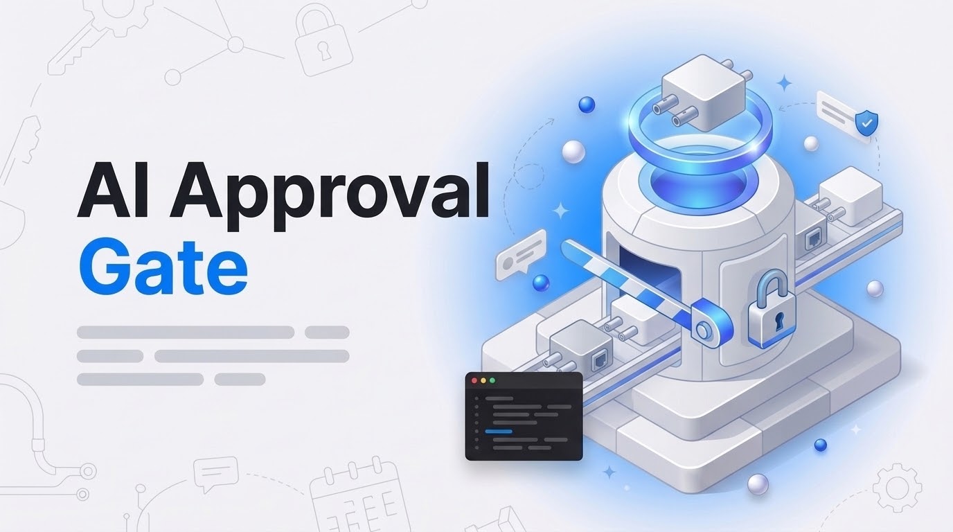 Big text AI Approval Gate beside an isometric checkpoint gate with connector blocks waiting behind a barrier arm.