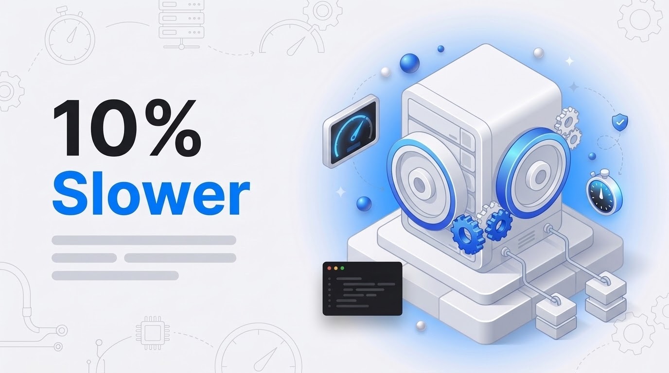 Thumbnail with the words 10% Slower beside an isometric server with a heavy flywheel, floating gears and a stopwatch.