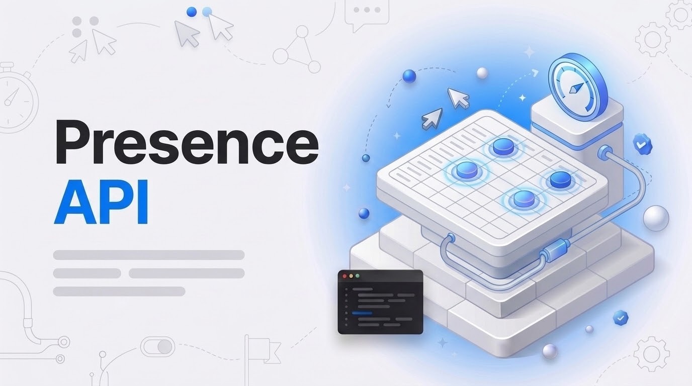 Thumbnail with the words Presence API next to an isometric tracking panel with glowing markers and a countdown dial.