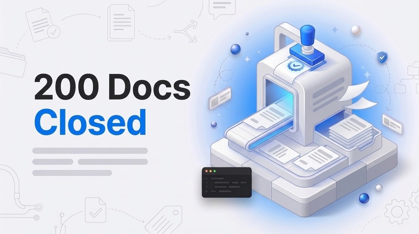 Isometric sorting machine processing document sheets with a checkmark stamp; bold text reads 200 Docs Closed.