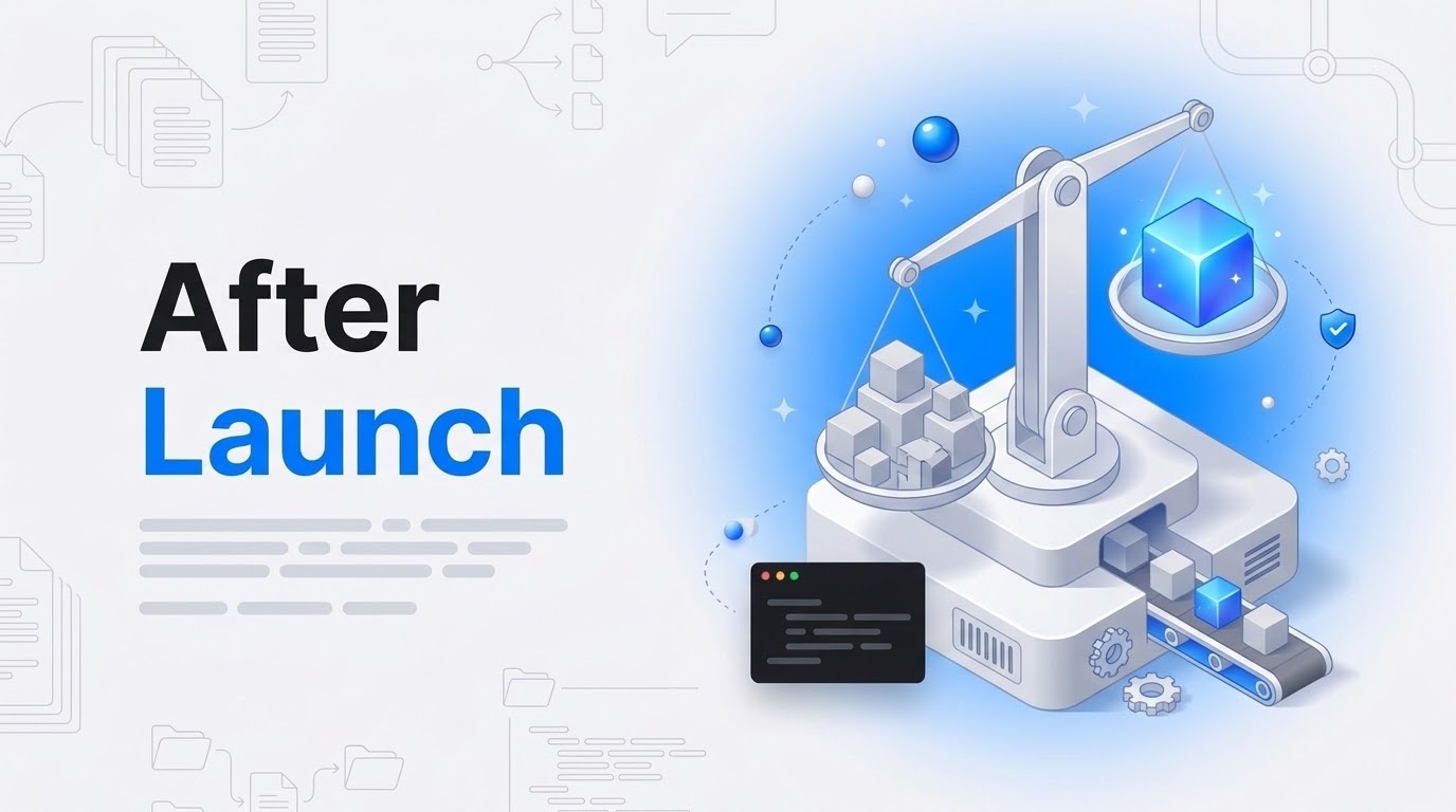Bold text After Launch next to an isometric balance scale weighing gray cubes against one blue cube on a machine platform.