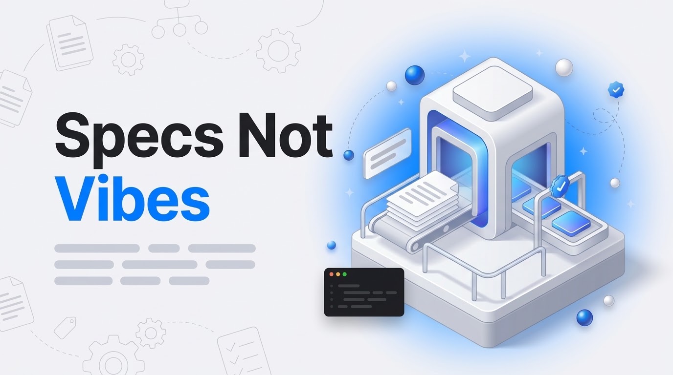 Specs Not Vibes: an isometric assembly line turns document sheets into checked tiles along a guarded conveyor.