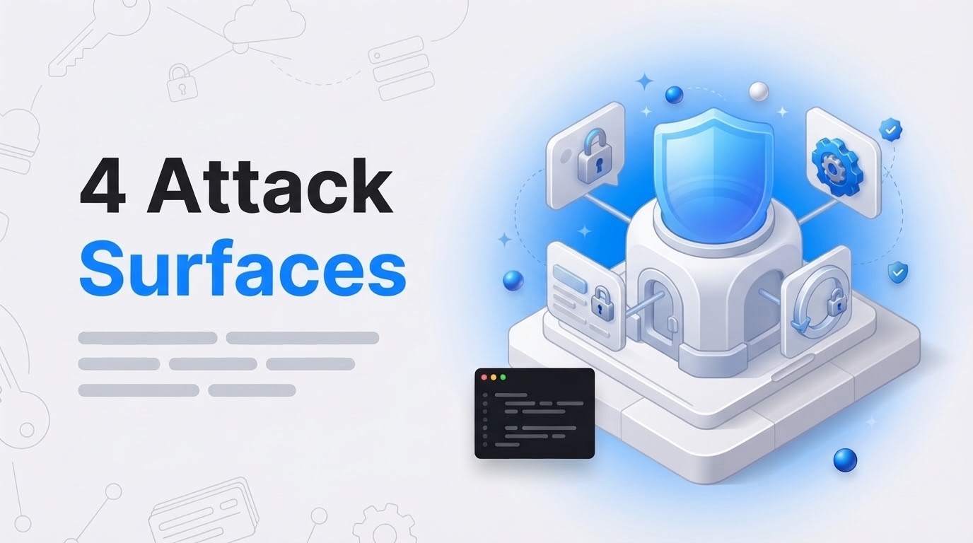 Bold text 4 Attack Surfaces beside an isometric shield dome over a core machine with four locked panels.
