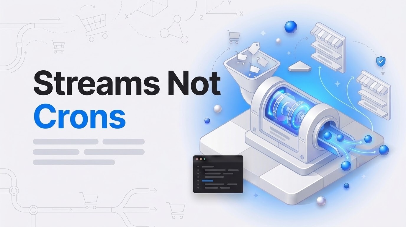 Streams Not Crons hook beside an isometric pipeline machine turning cart tokens into blue recommendation orbs.