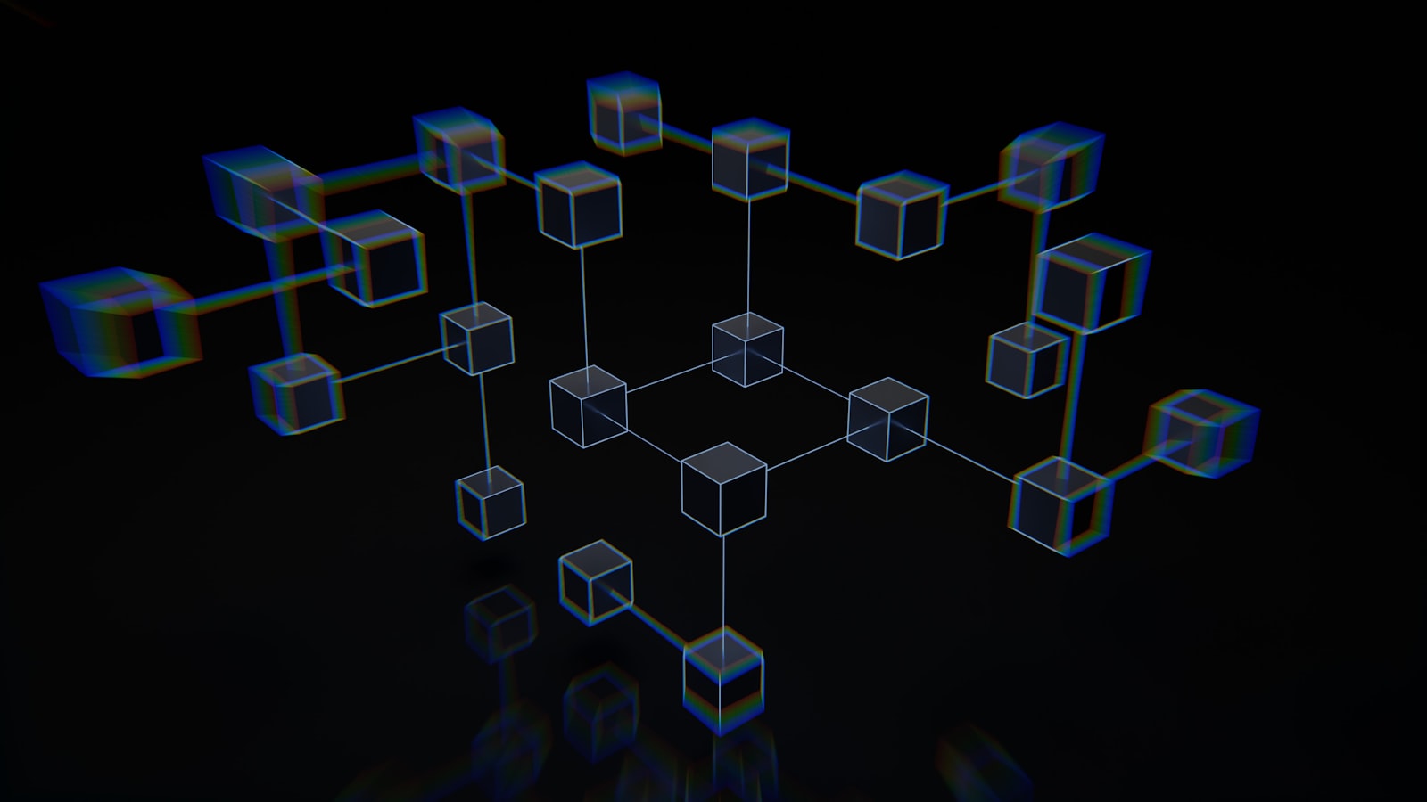 Abstract 3D render of glowing wireframe cube nodes linked by thin lines on a black background, forming a distributed network graph