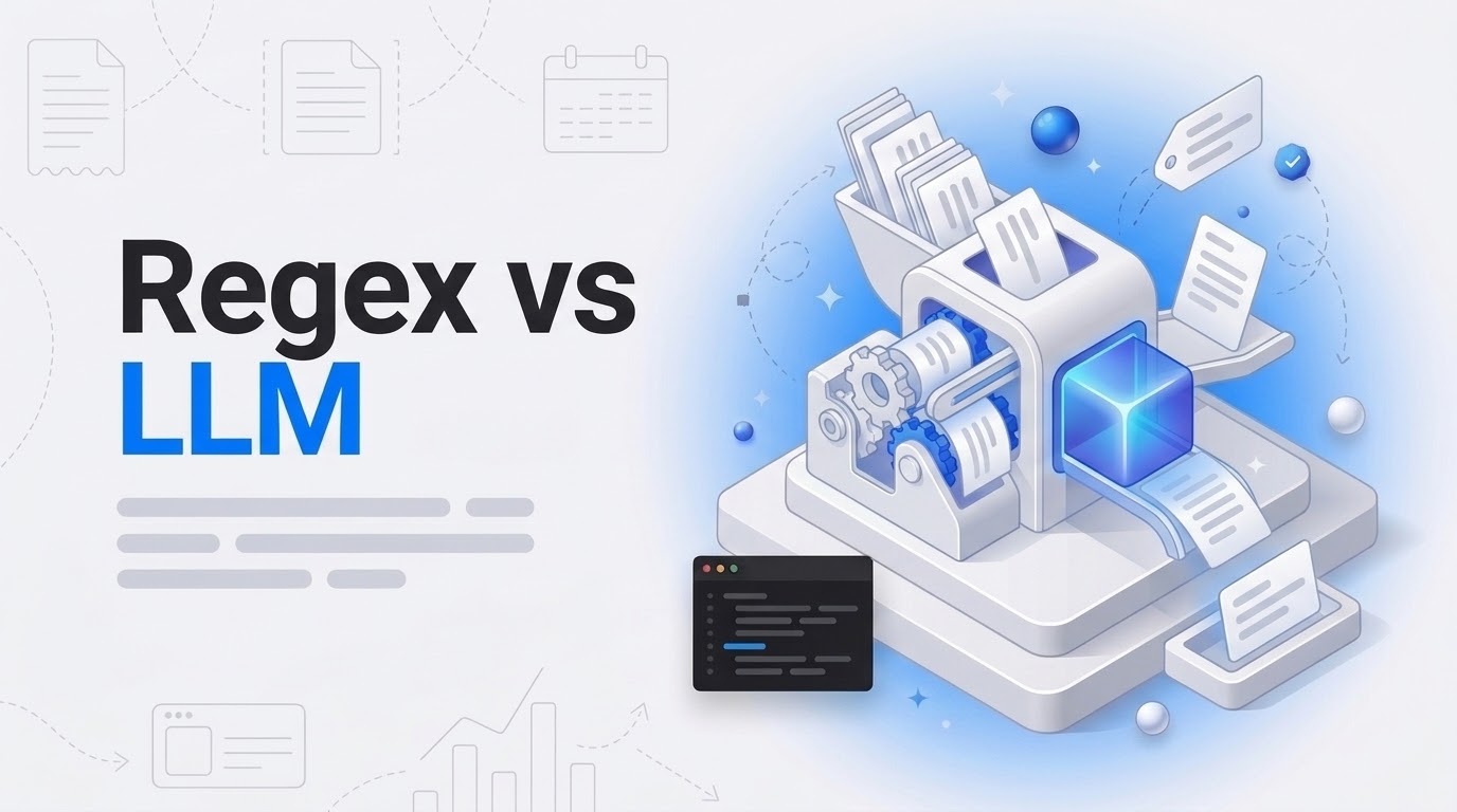 Regex vs LLM next to an isometric machine sorting document sheets into two lanes with gears and a glowing blue cube.