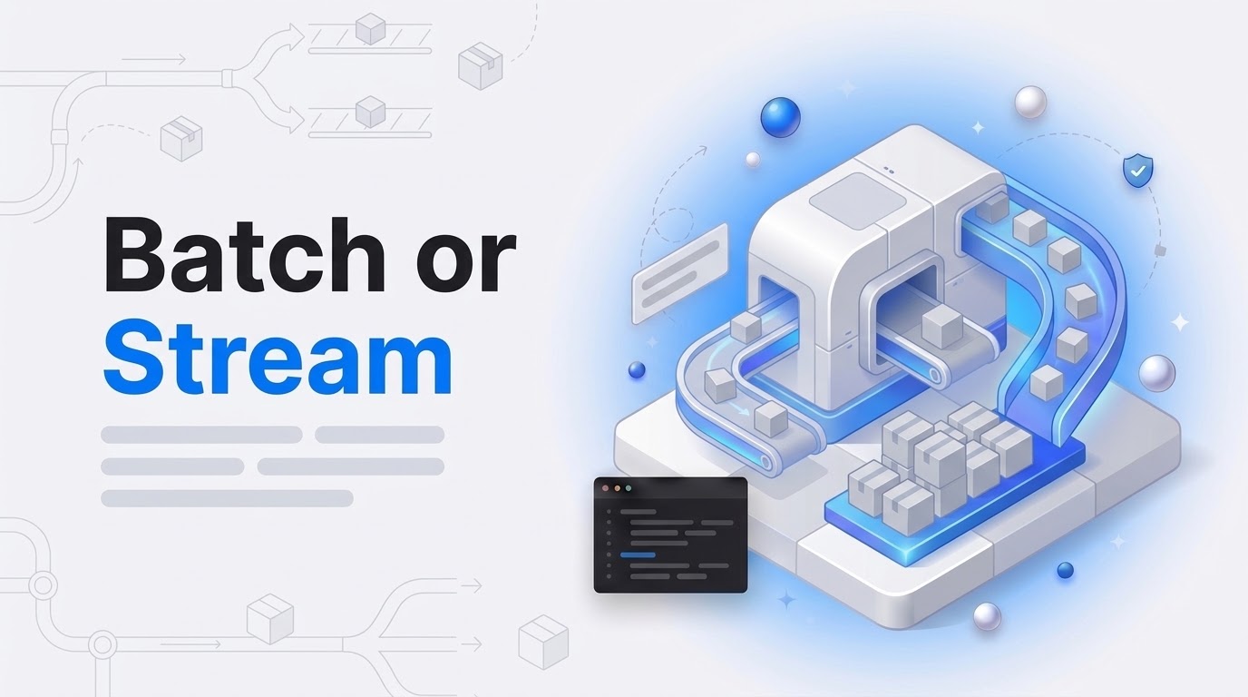 The words Batch or Stream next to an isometric machine sorting a flow of boxes onto a moving track and into stacked crates.