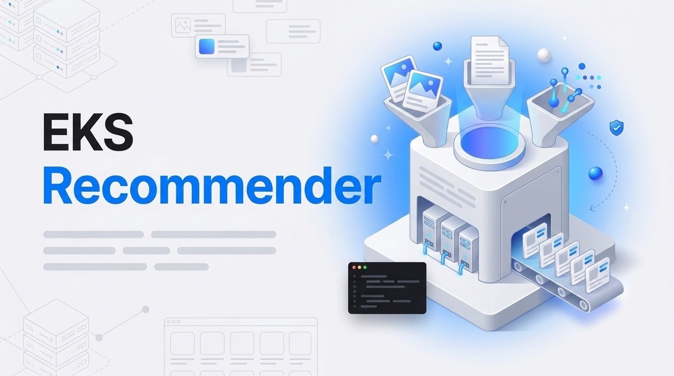 Hook reading EKS Recommender next to an isometric machine blending image, text and signal inputs into rows of product cards.
