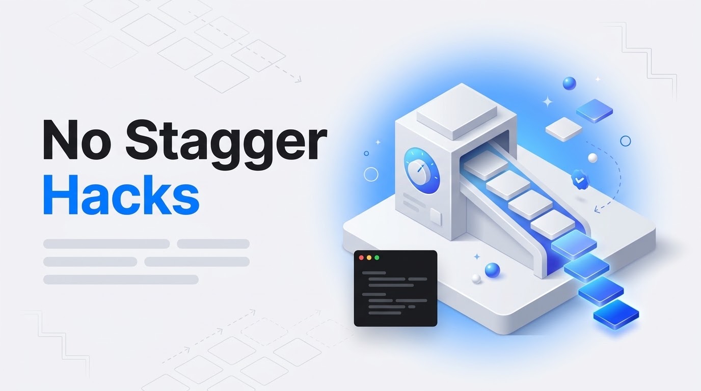 Bold text reading 'No Stagger Hacks' beside an isometric machine feeding tiles into a stepped, staggered row.