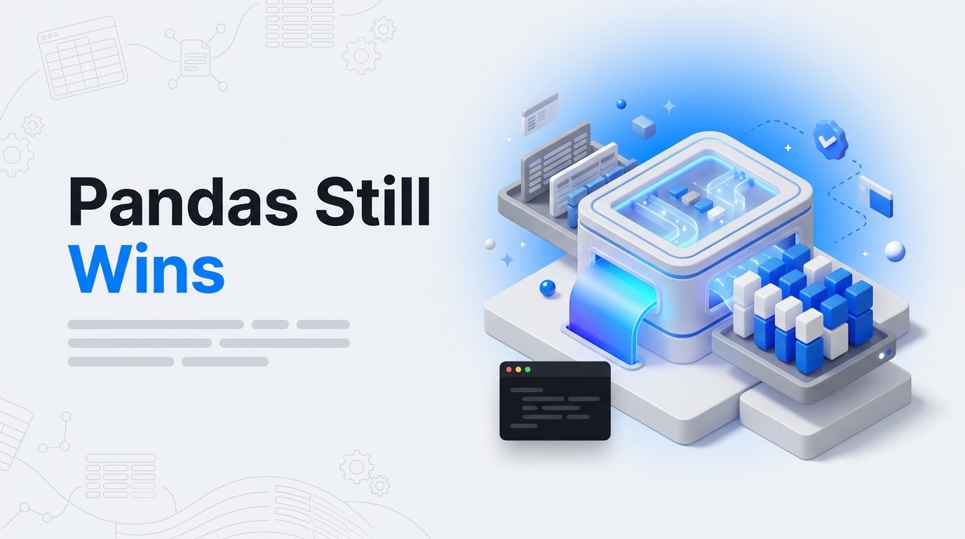 Bold text reading Pandas Still Wins beside an isometric sorting machine with trays of data rows and floating blocks.