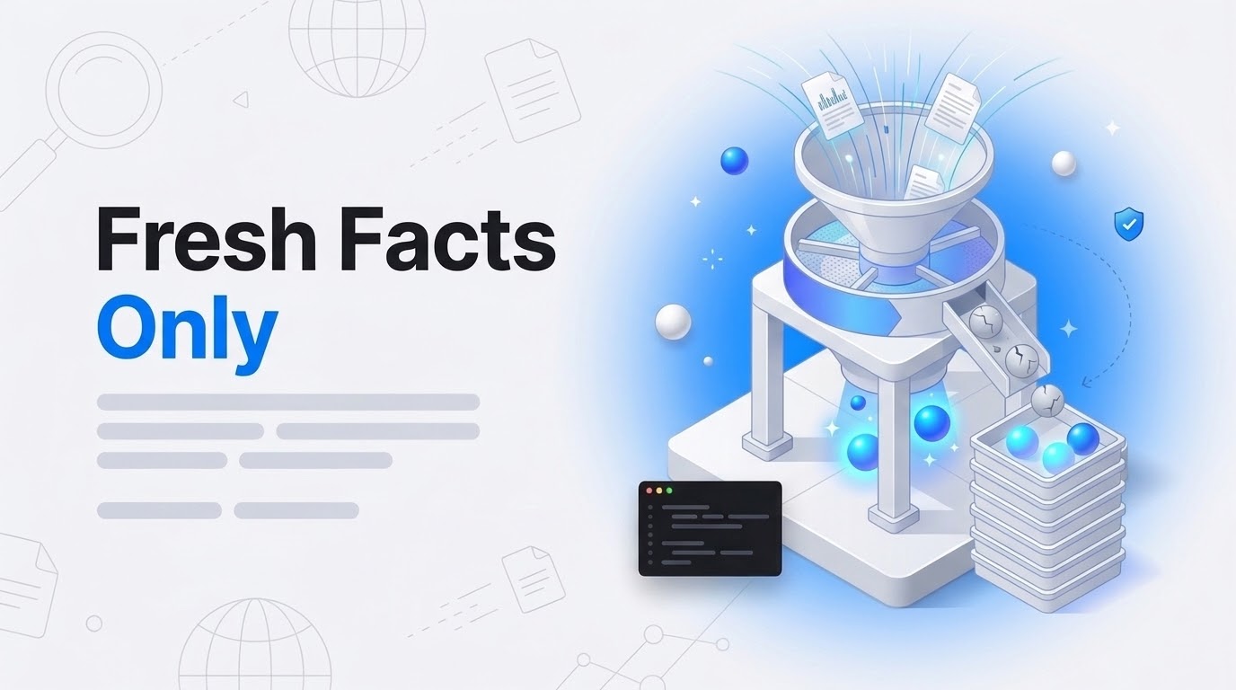 Fresh Facts Only: an isometric funnel machine sorts glowing data orbs from paper sheets, keeping fresh ones aside.