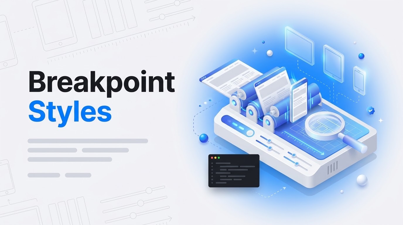 Bold text reading Breakpoint Styles next to an isometric machine resizing one webpage panel into three screen sizes.