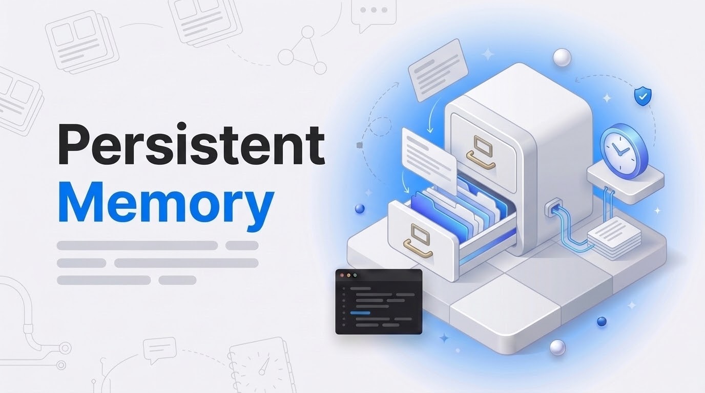 Persistent Memory in bold letters beside an isometric card-catalog cabinet with an open drawer and floating index cards.