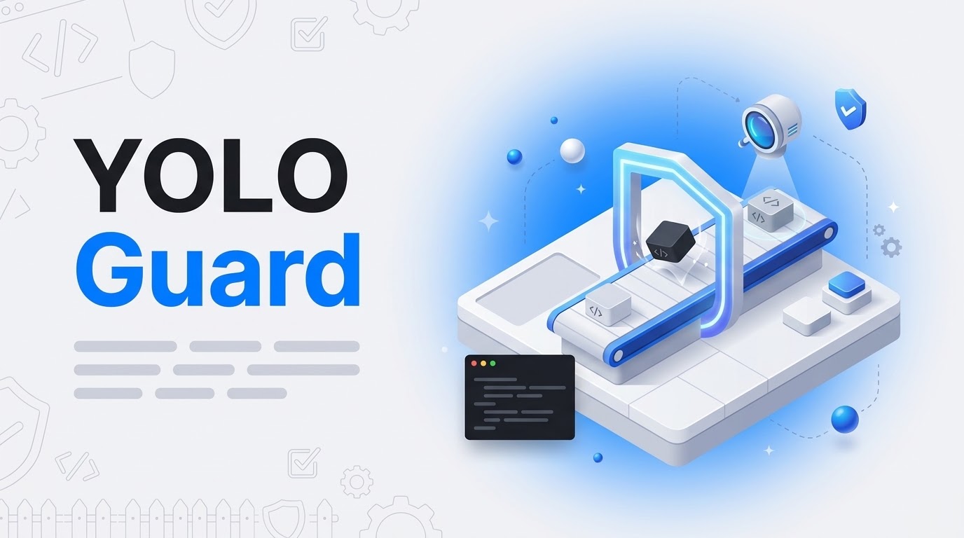 YOLO Guard: an isometric checkpoint gate filters code blocks on a conveyor while a hovering scanner inspects each one.
