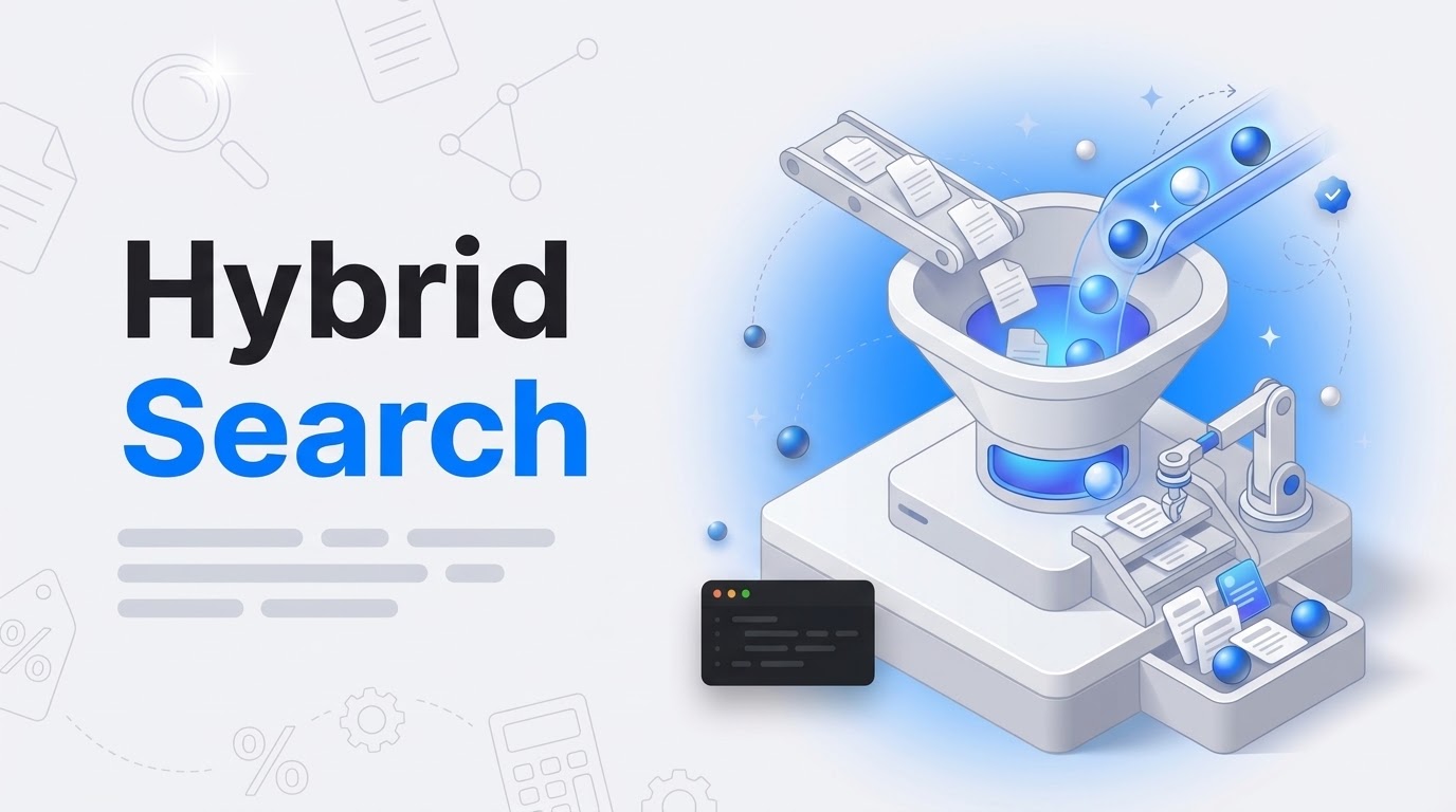 Thumbnail reading Hybrid Search with an isometric funnel machine merging paper slips and glowing spheres into a ranked tray.