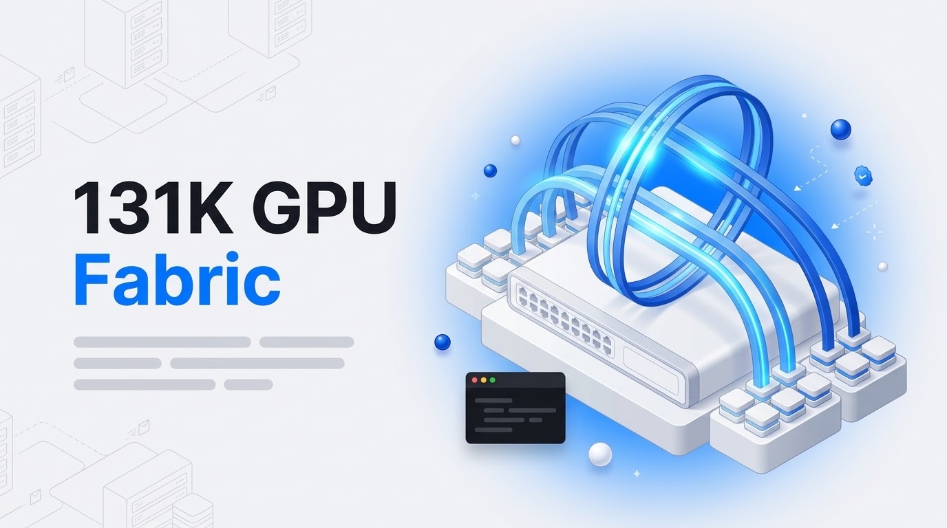 Big bold text reading 131K GPU Fabric beside an isometric switch slab with blue lanes linking white processor blocks.