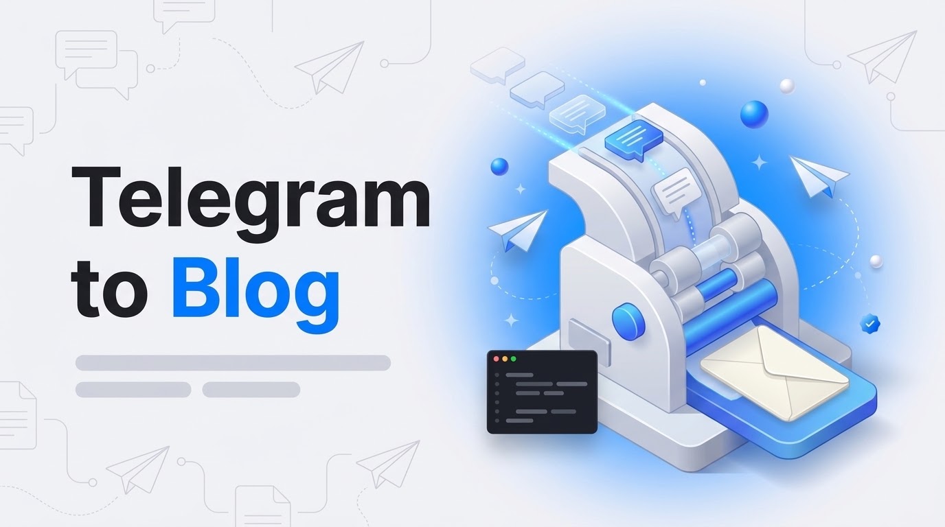 Telegram to Blog: isometric chat bubbles flow through a machine that prints a sealed letter on a blue base.