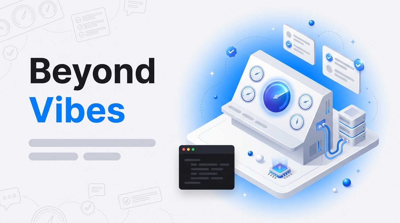 Beyond Vibes in bold letters beside an isometric gauge console with five dials, checklist cards and a small server block.